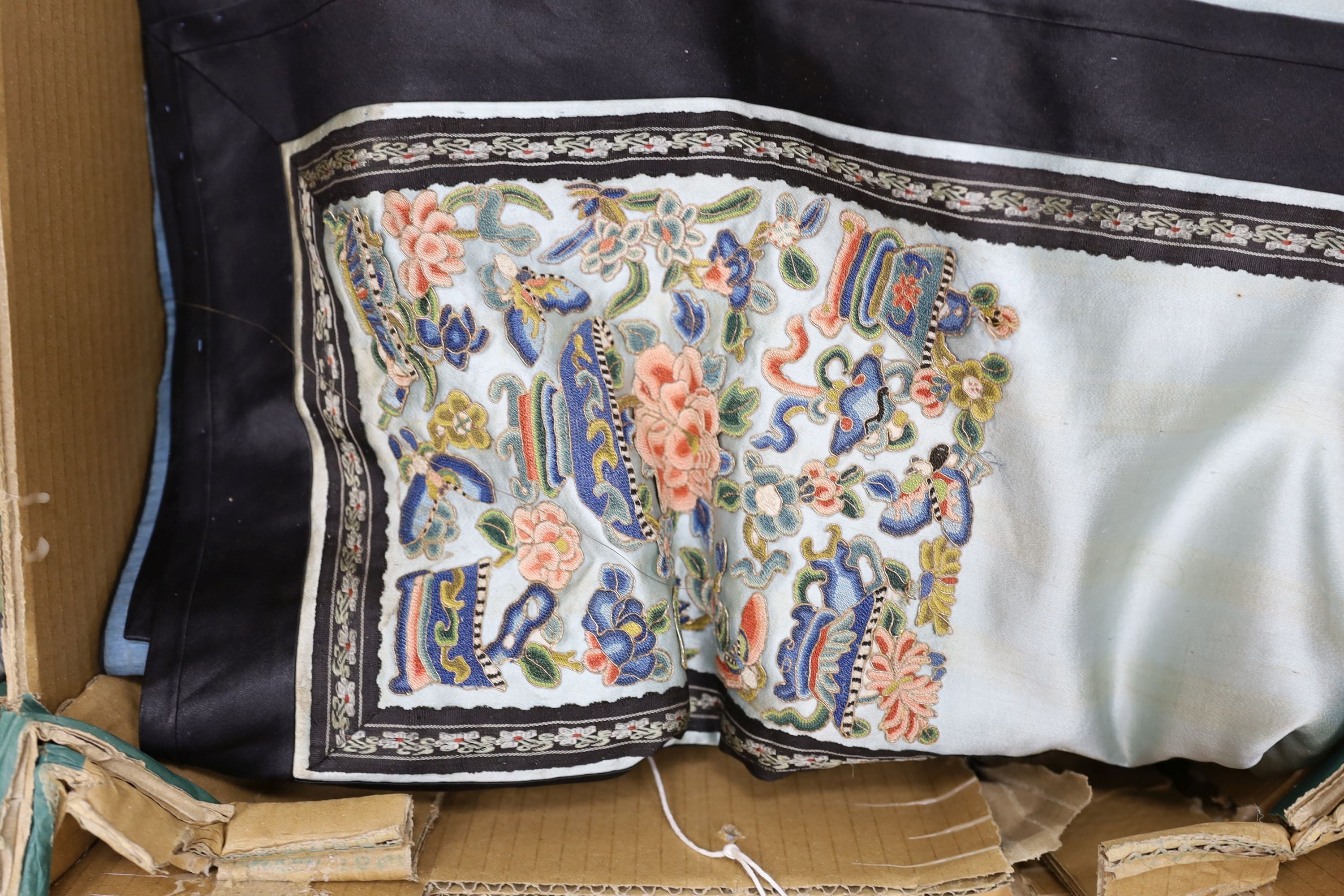 A Chinese embroidered skirt, embroidered silk panels and a collection ofIndian painting on silk, Chinese skirt 94 cms long.